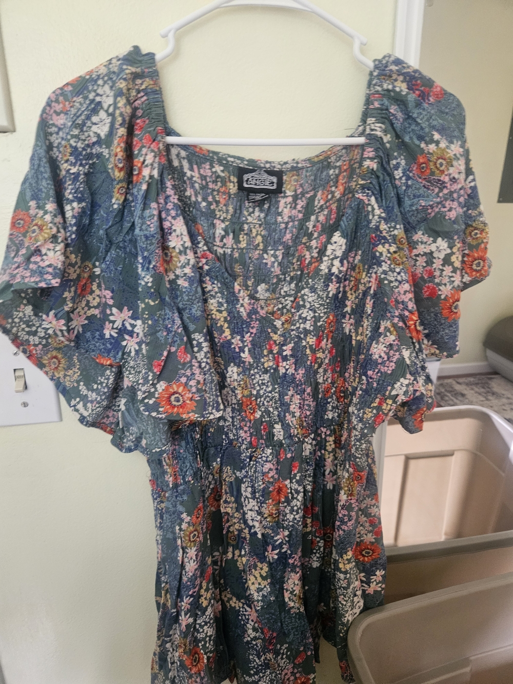 Angie Teal Floral Smocked Flutter-Sleeve Dress